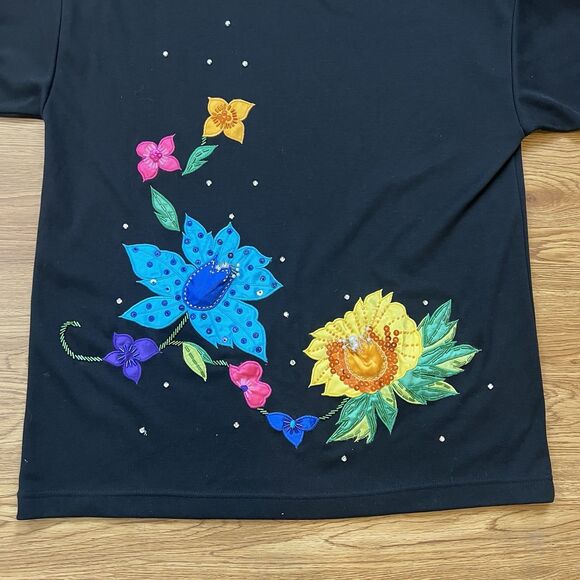 Vtg 80S Lisa Ashley T Shirt Black Sz M Embroidered Beaded Colorful Floral SP Pad - Picture 3 of 10
